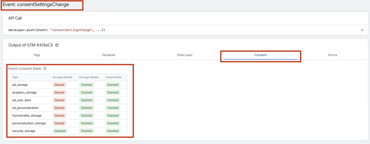 Test and confirm the tags are being fired only when there is a Consent Change