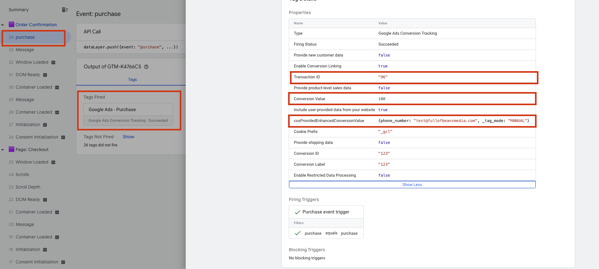 Screenshot showing how to check and test if Enhanced Conversions has been implemented correctly.