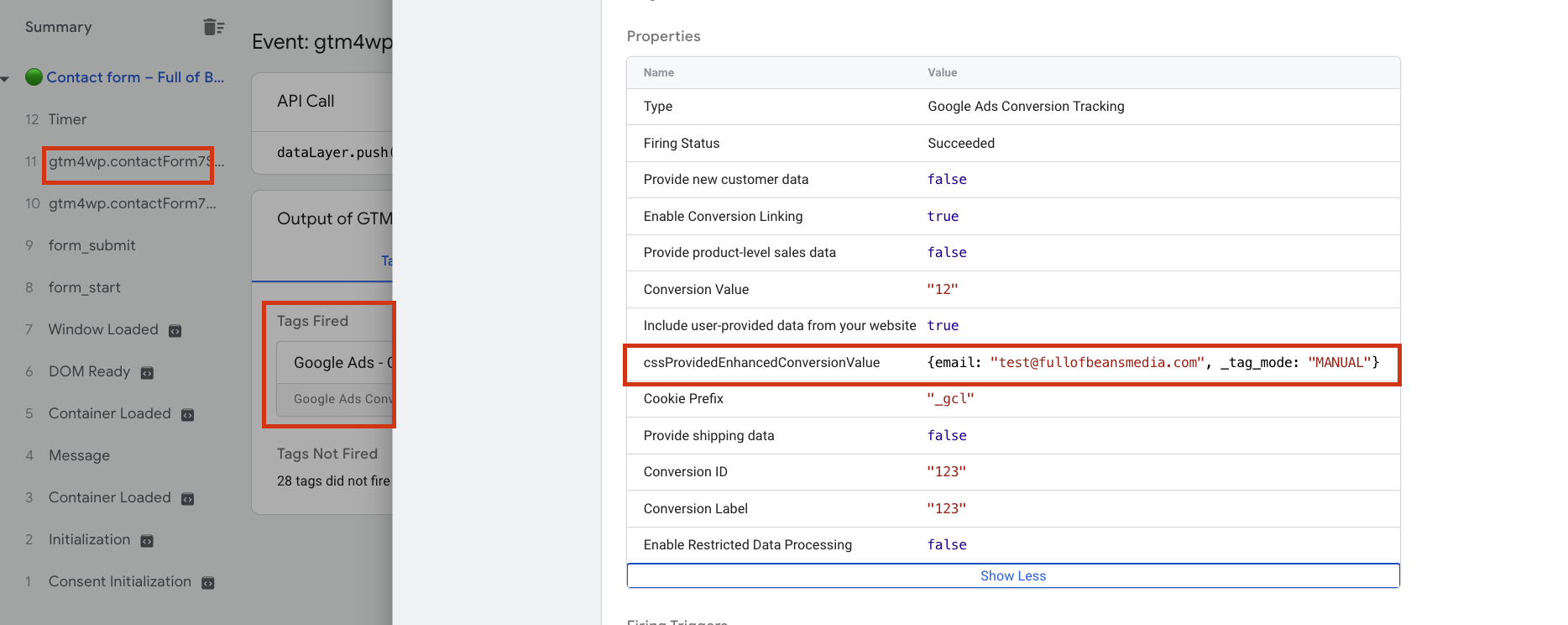 Screenshot showing how to confirm enhanced conversions has been setup correctly.