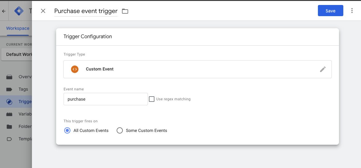 Screenshot showing how to create a custom event trigger in Google Tag Manager.