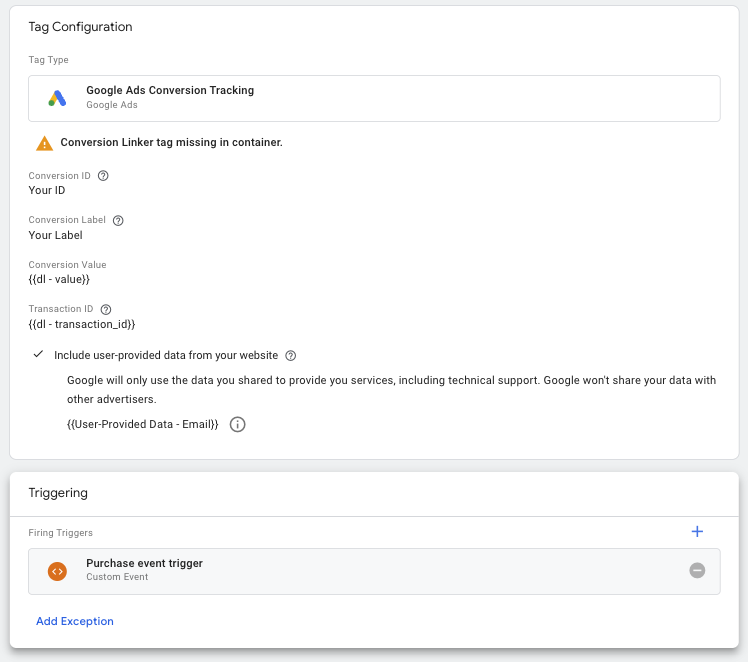 Screenshot showing to set up the final Google Ads Conversion Tracking tag with Enahnced Conversions settings.