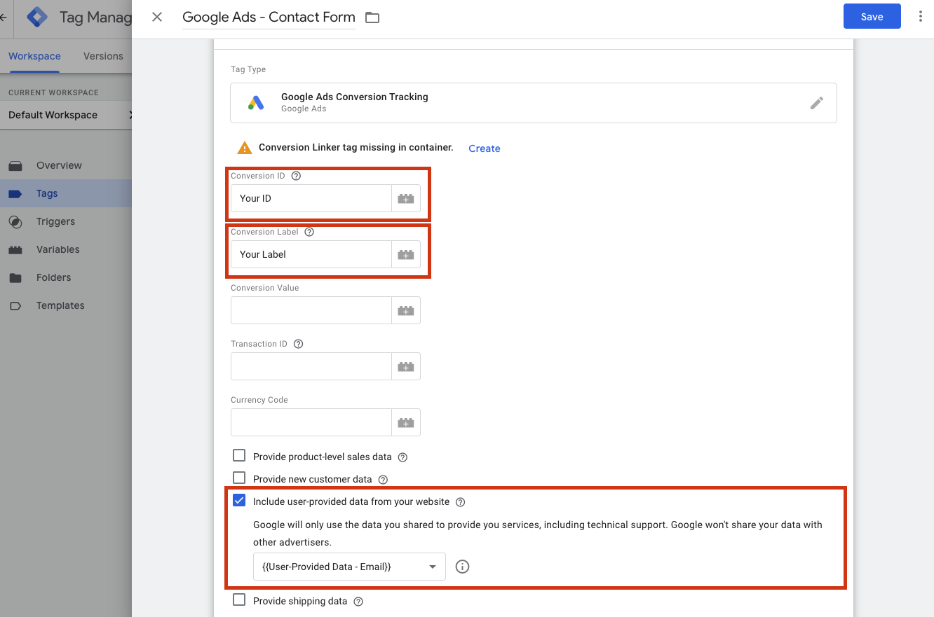 Screenshot showing how to create a Google Ads Conversion Tracking Tag.