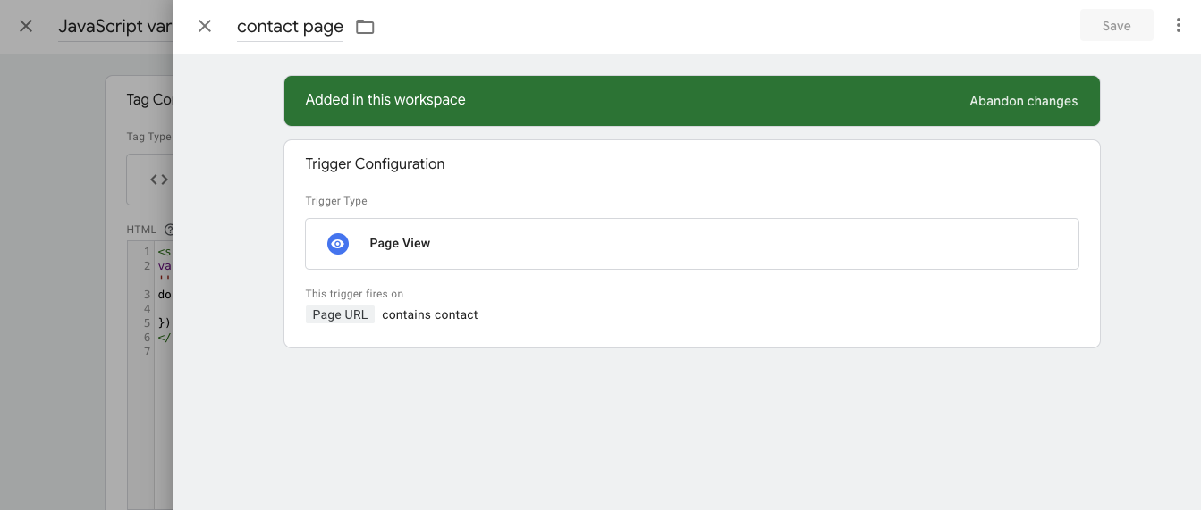 Screenshot showing how to create a trigger in Google Tag Manager.