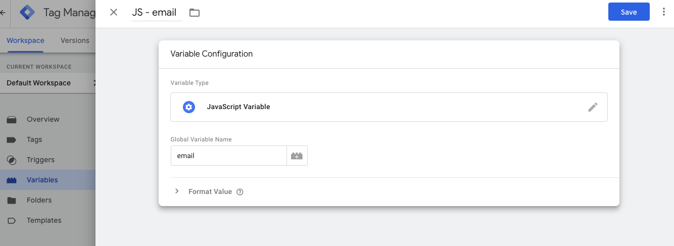 Screenshot showing how to create a JavaScript variable in Google Tag Manager.