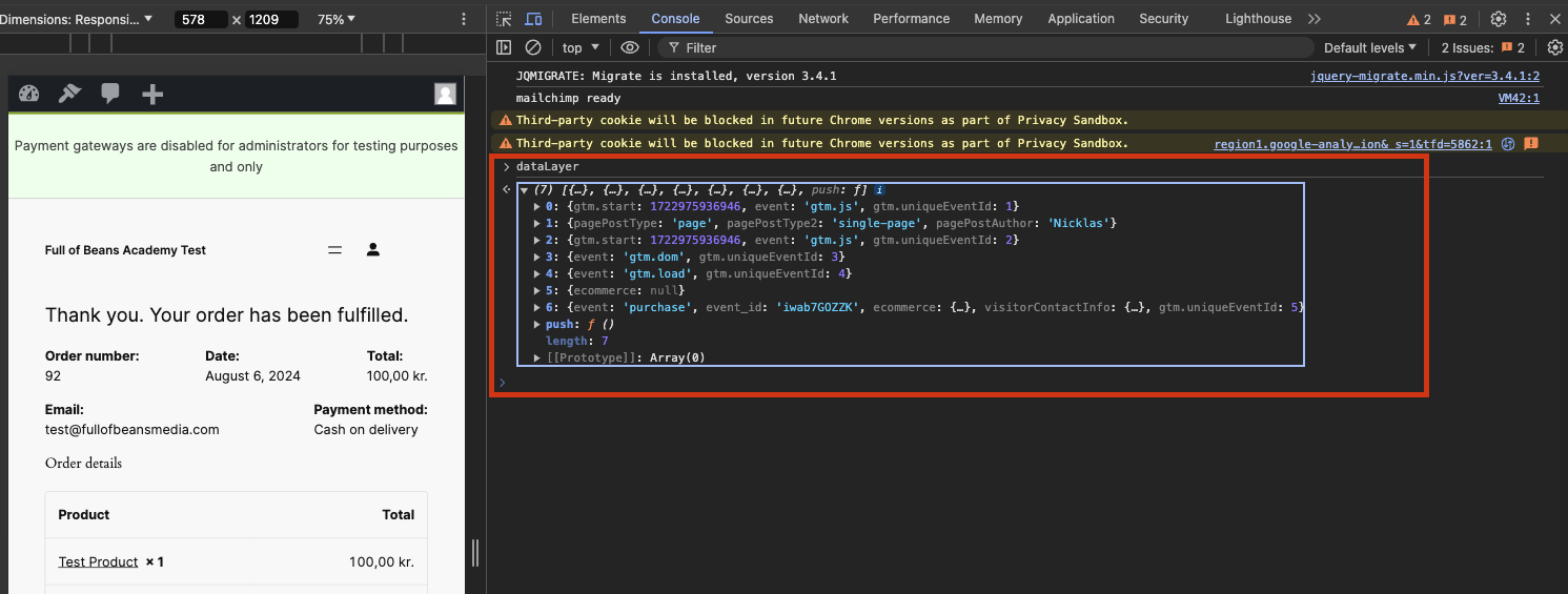 Screenshot showing how ecommerce event data can be pushed into the datalayer.