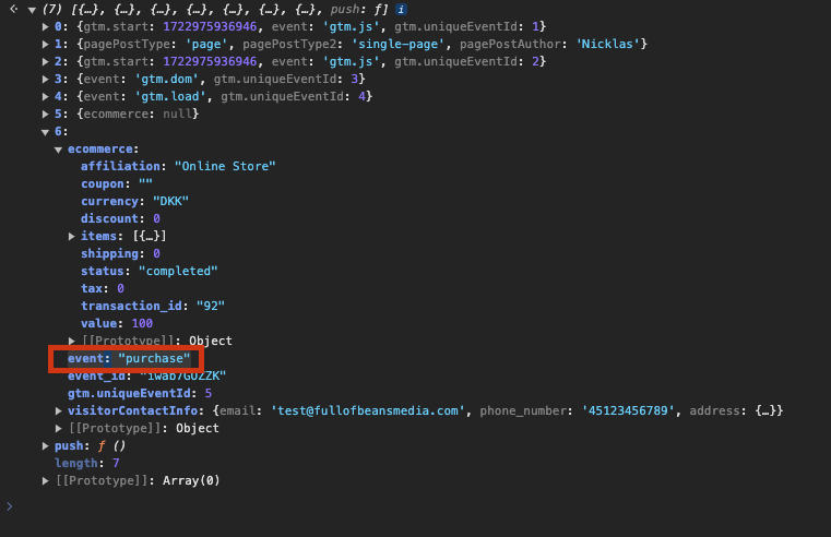 Screenshot showing the event name in the datalayer after completing a test pyrchase using WooCommerce.