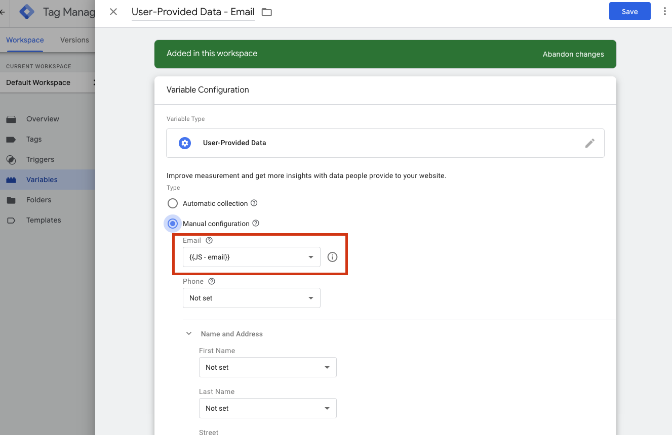 Screenshot showing how to create a User-Provided data variable.